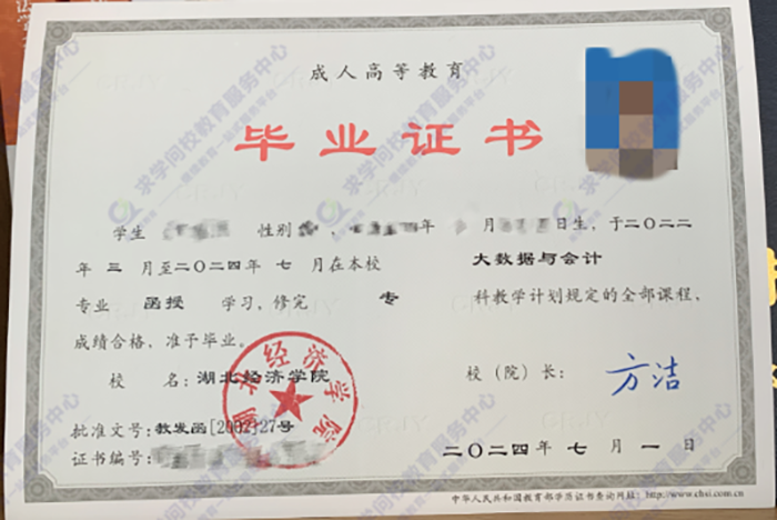 湖北經(jīng)濟(jì)學(xué)院2024年函授大專畢業(yè)證樣本