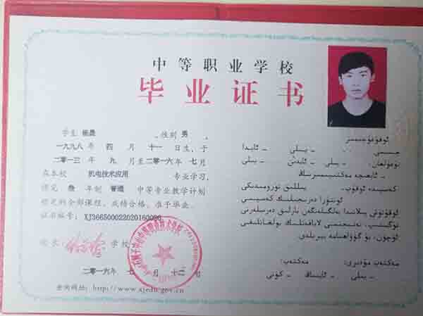 新疆2016年中專畢業證樣本
