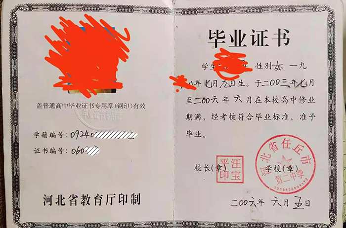 保定市徐水區(qū)2007年高中畢業(yè)證樣本